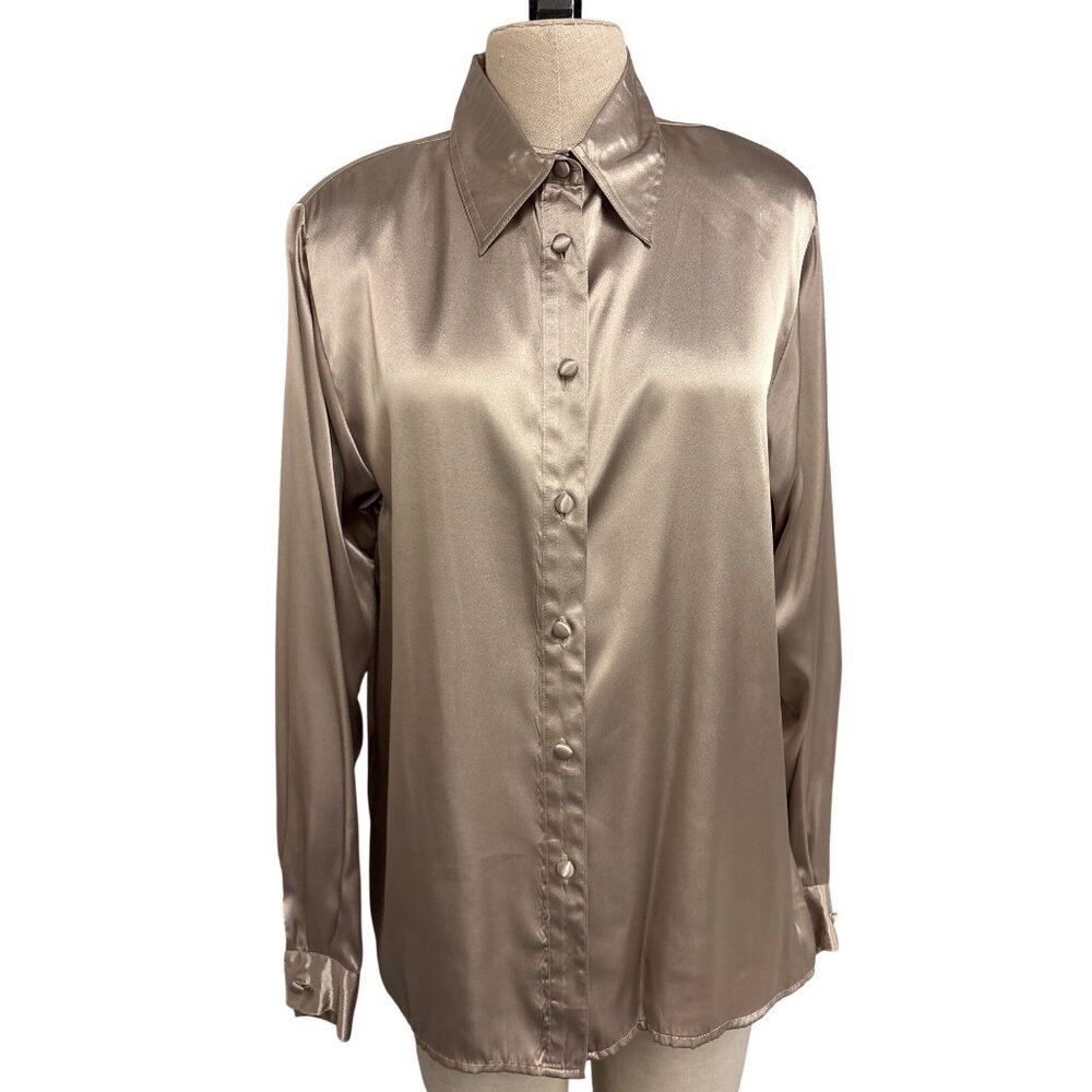 Vintage Yves St. Clair Taupe Satin Button-Up Blouse Long Sleeve Top